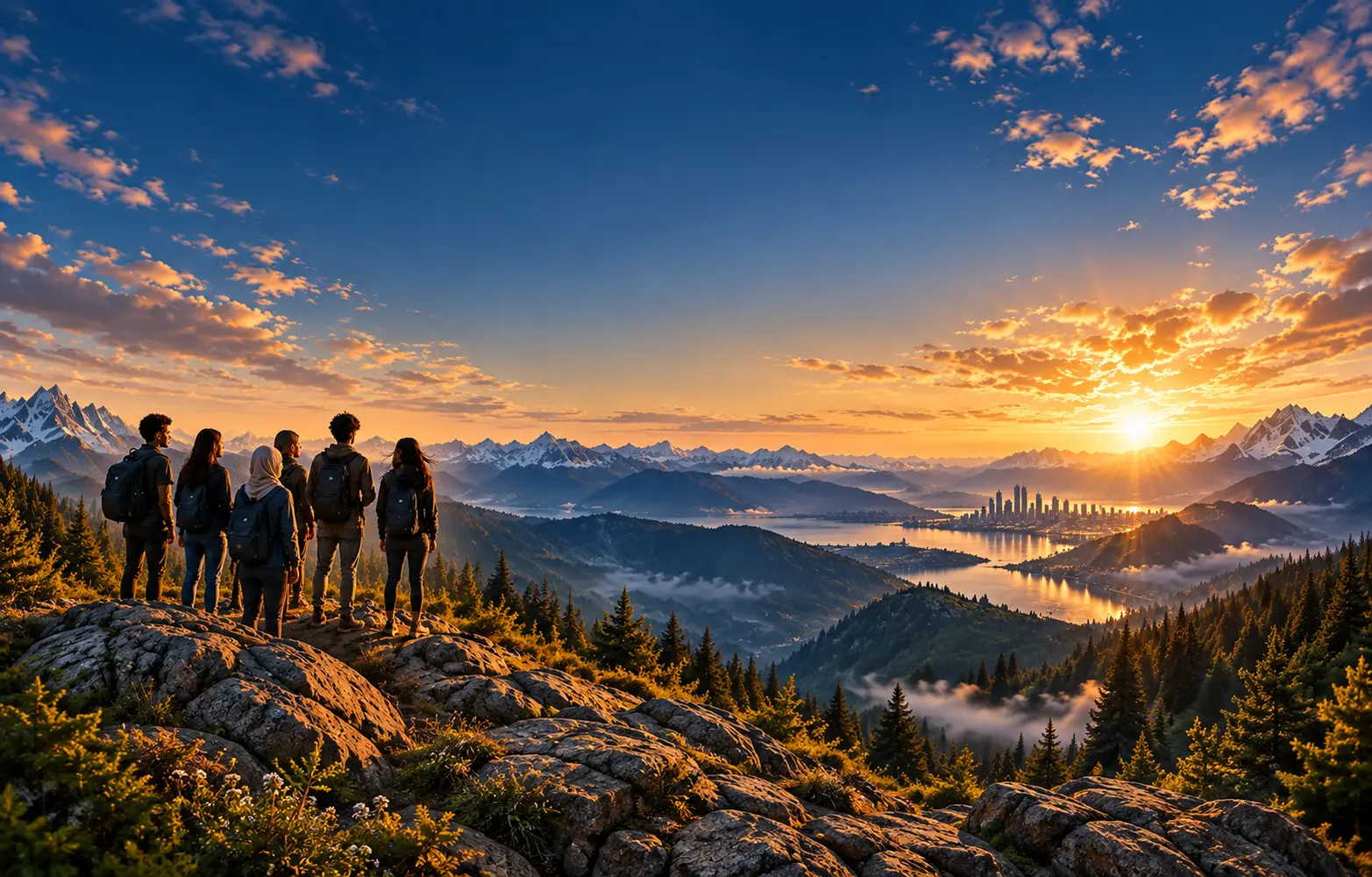 Students walking toward a mountain sunrise in 2027