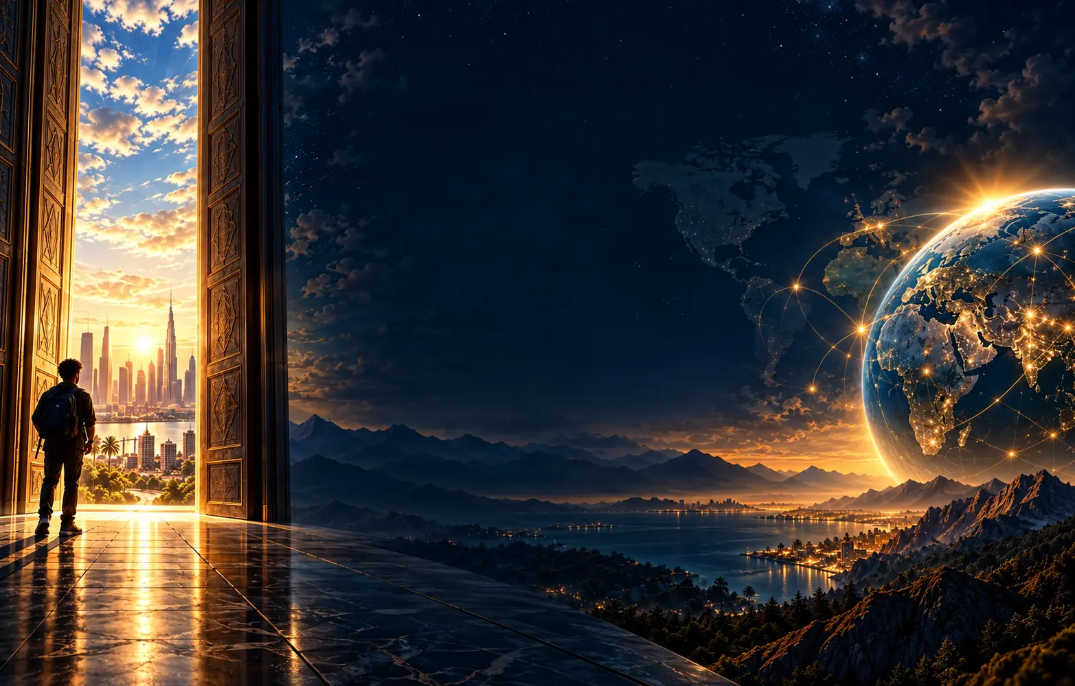 A student approaching a monumental doorway and glowing global horizon