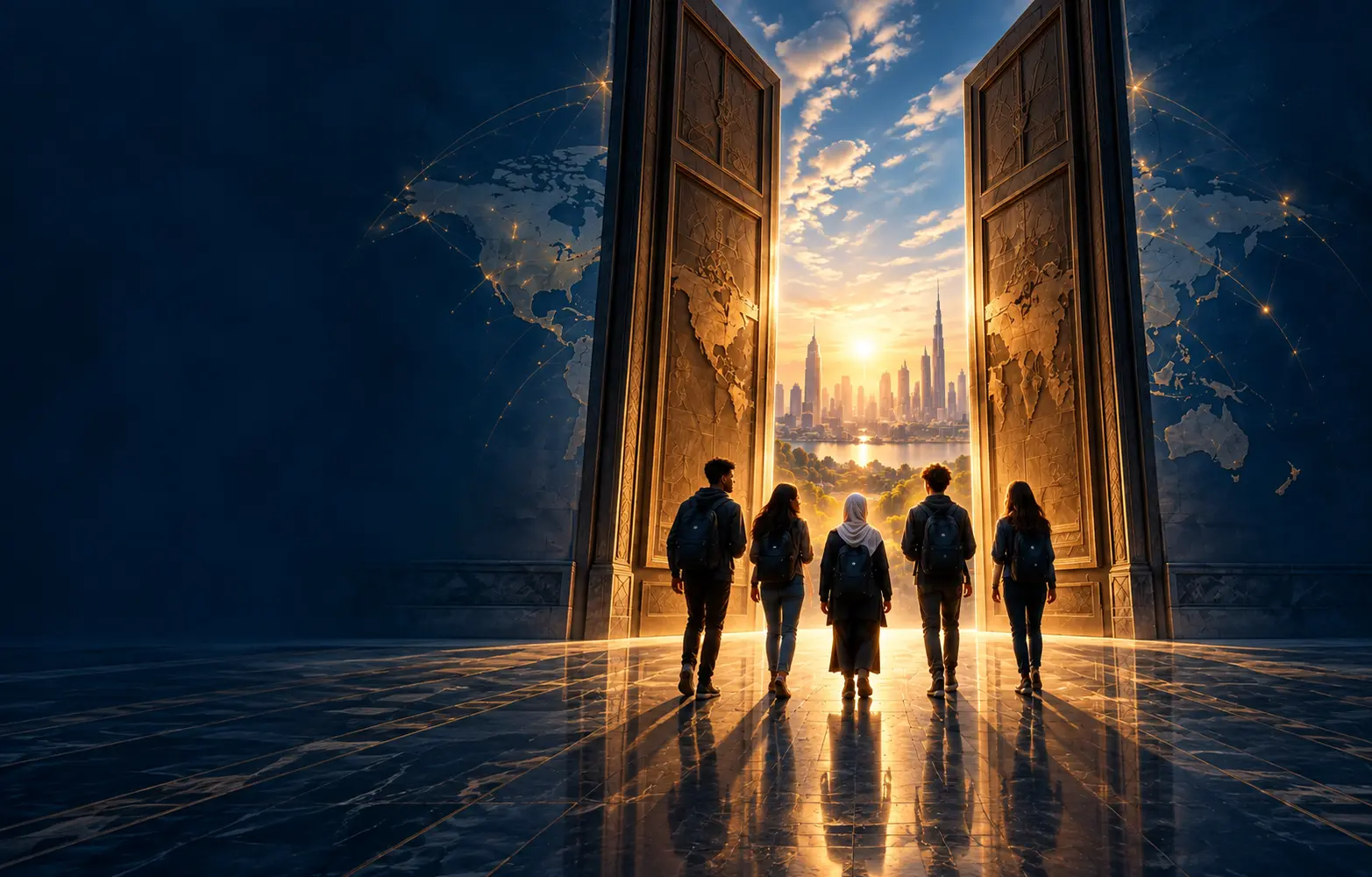 Young people approaching a hopeful half-open monumental doorway