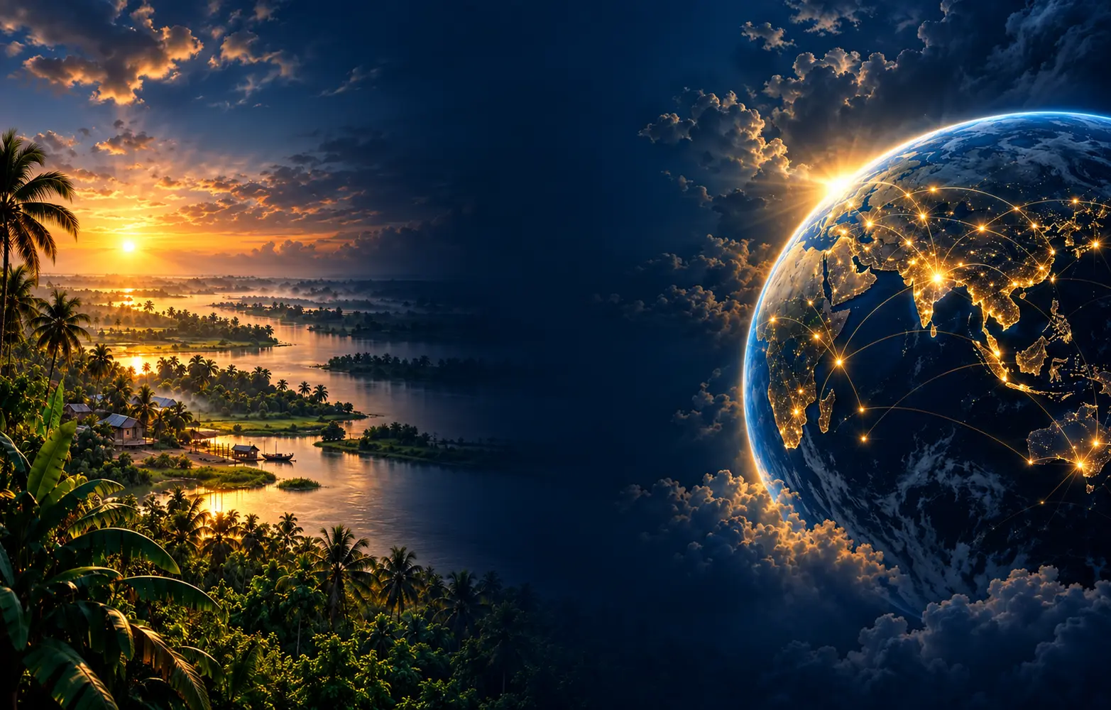 A tropical setting opening toward a connected international globe