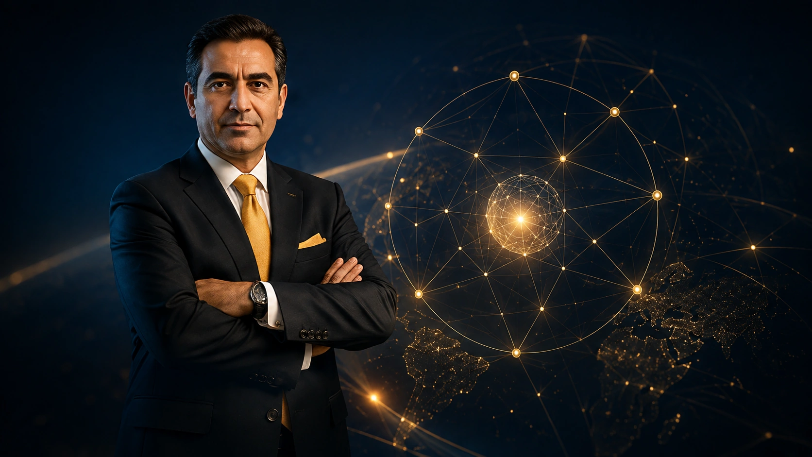 Institutional leader portrait beside a global network visualization representing affiliated organization coverage