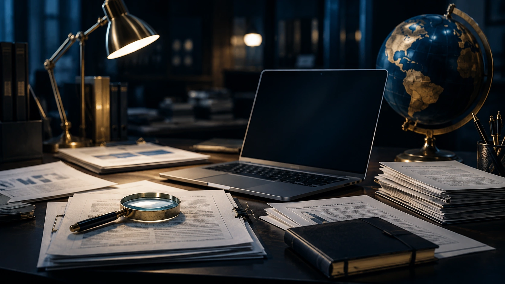 Source verification desk with research documents, magnifying glass, laptop and global reference globe