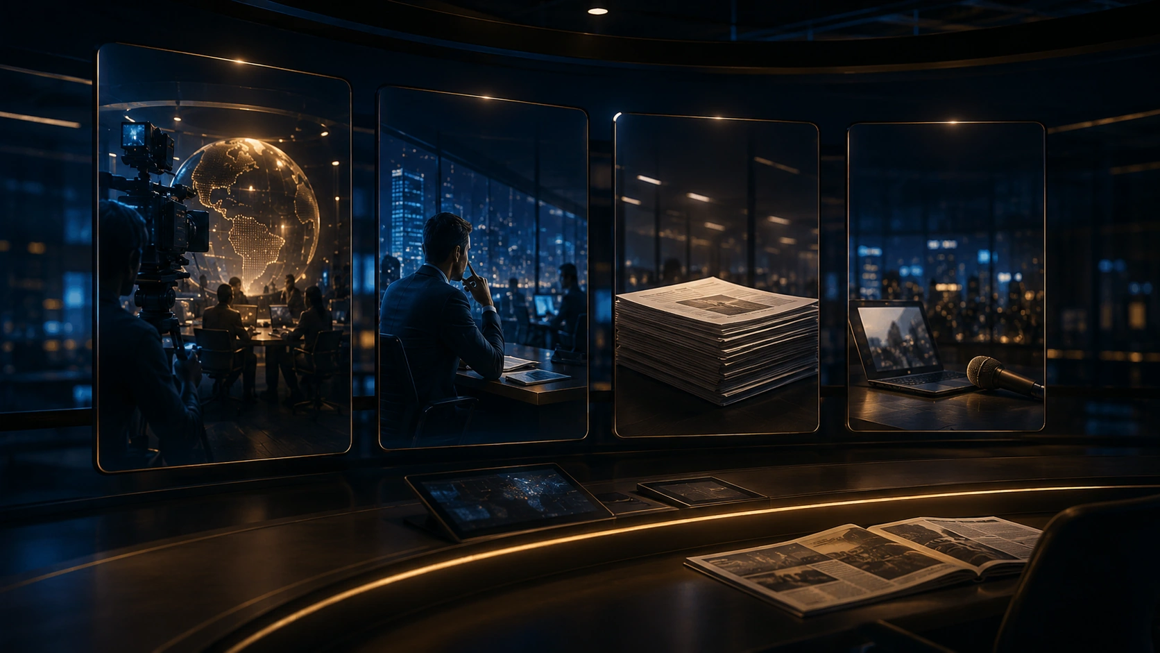 Futuristic newsroom control center representing news, opinion, press release and content classification workflows