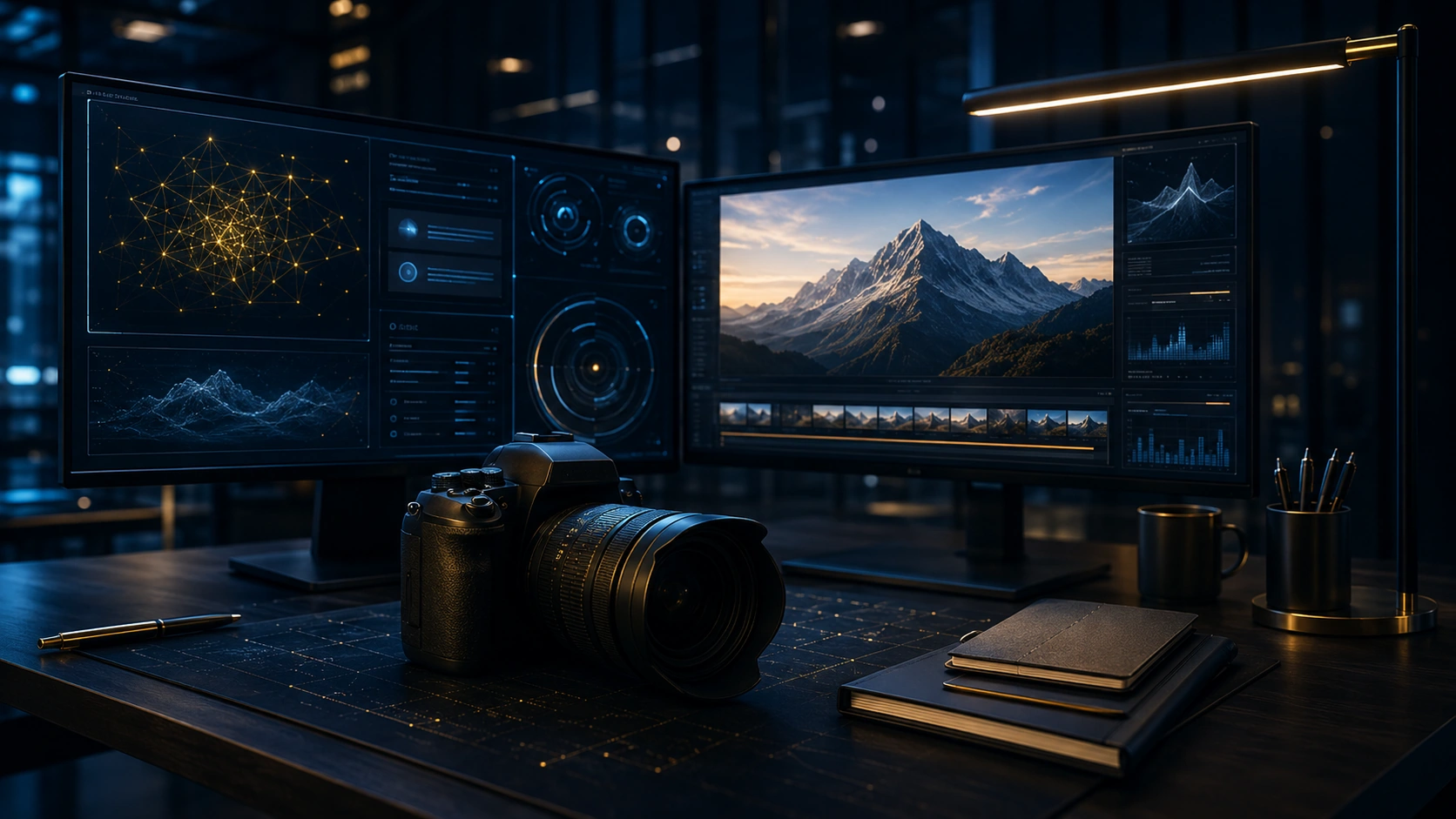 High-end digital media workstation with camera and editing screens representing AI, images and digital media standards
