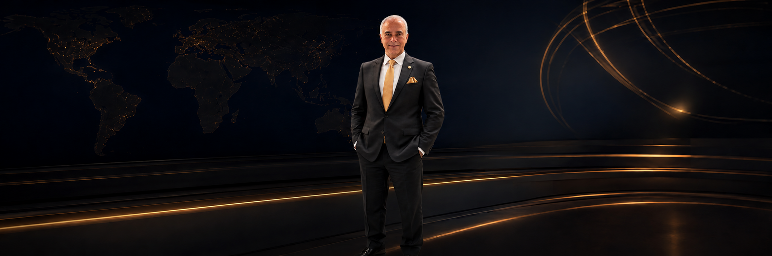 Morad Shaker in a black suit before a global map and gold architectural lines
