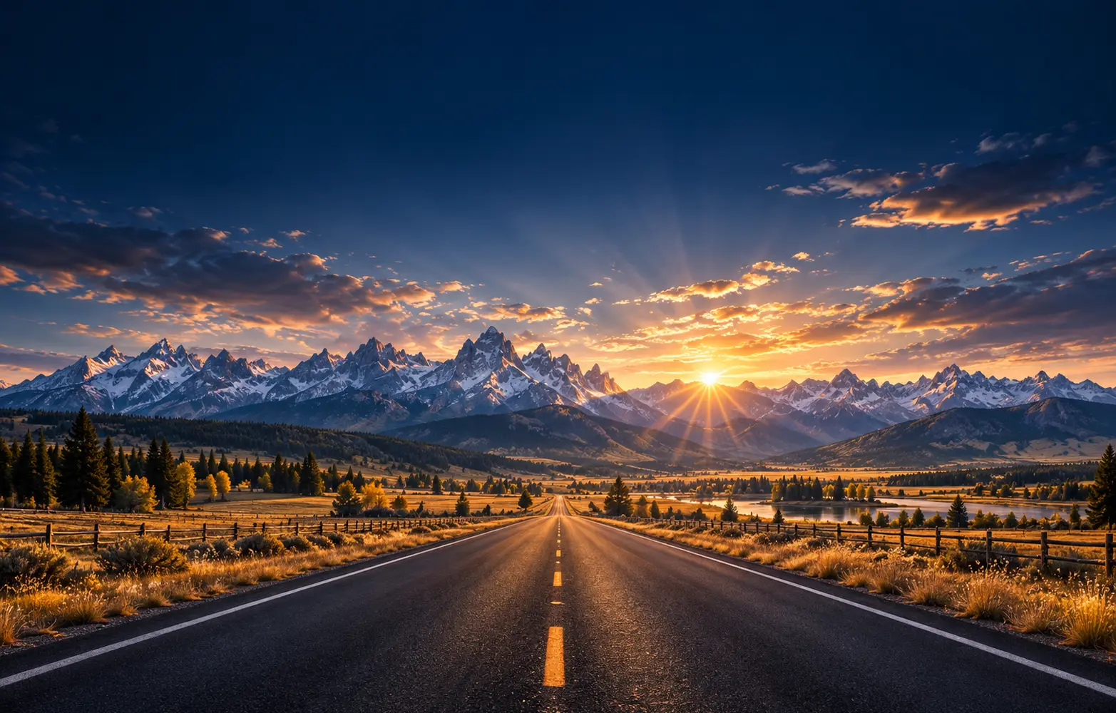 Artistic open road leading toward Wyoming mountains at sunrise