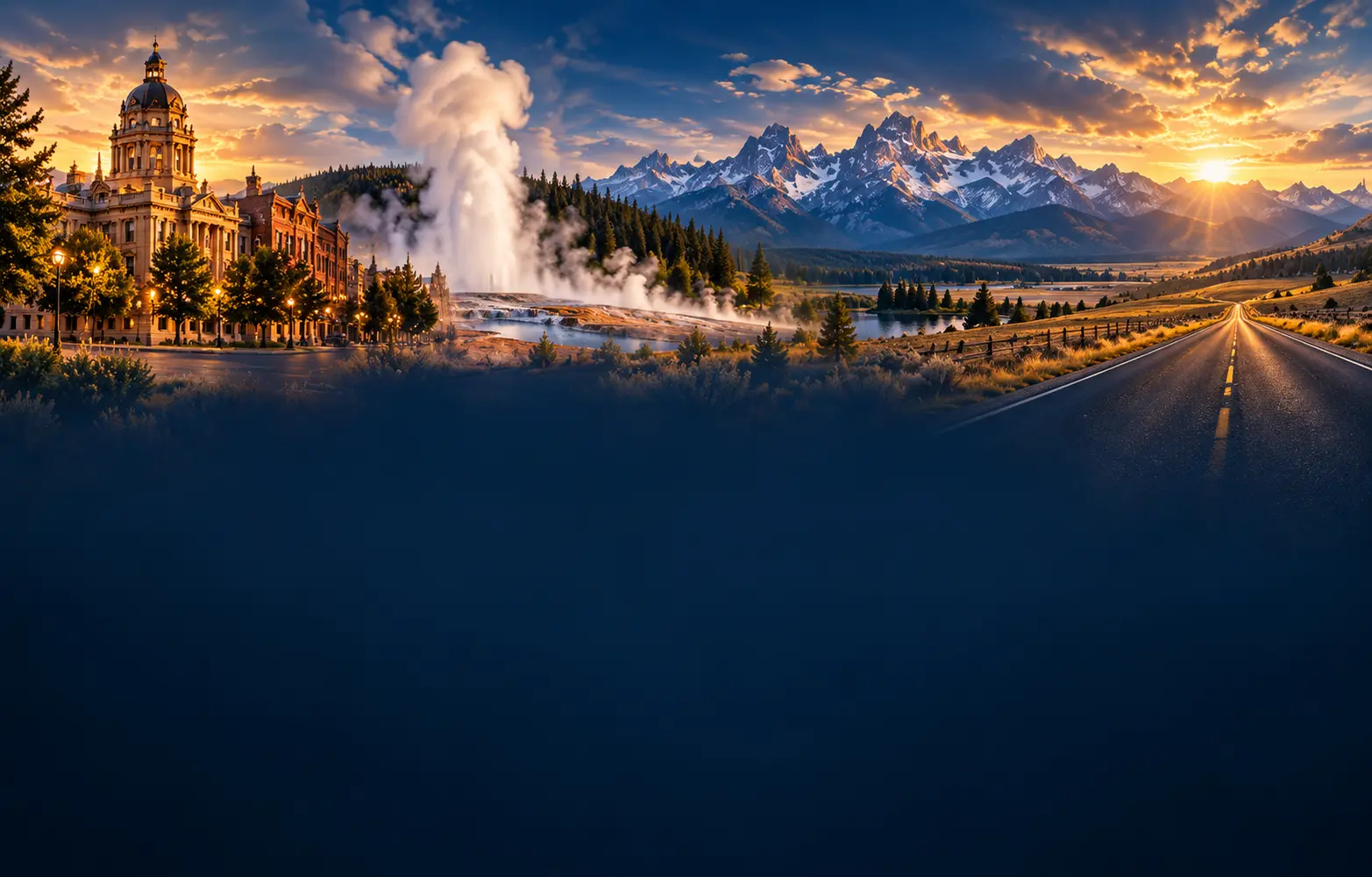 Artistic montage of Wyoming places and open roads