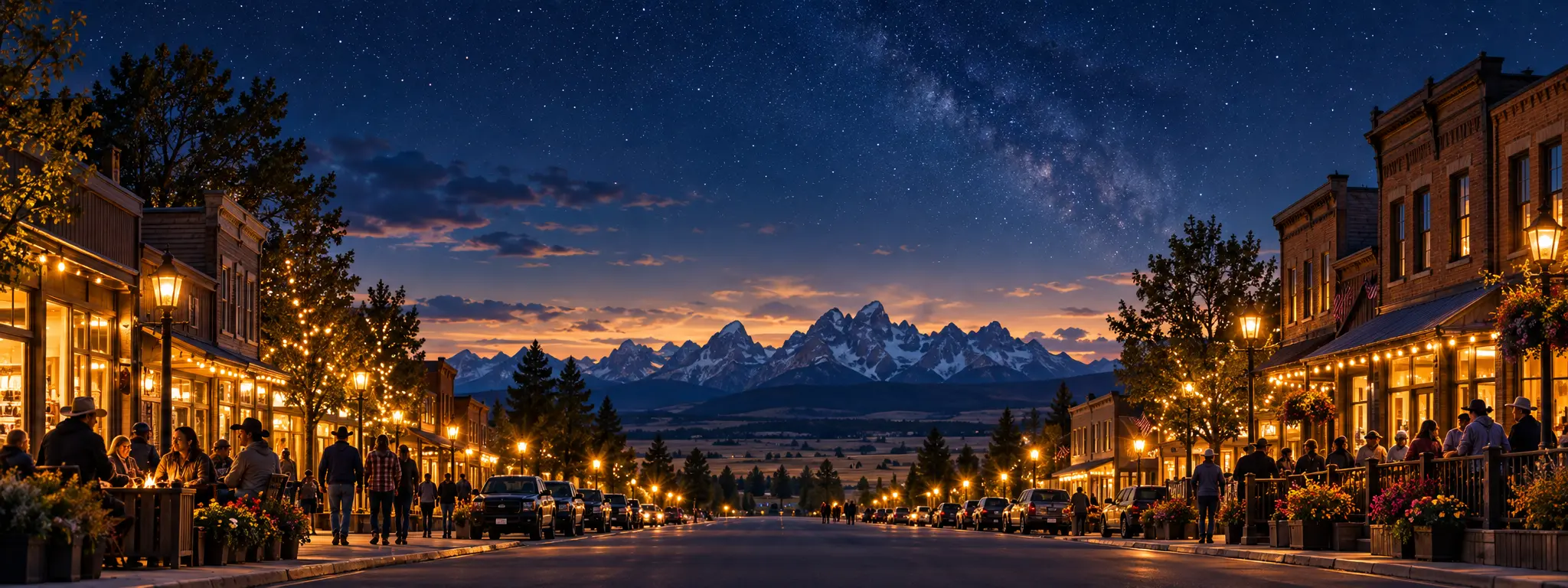 Welcoming Wyoming main street beneath a starry sky