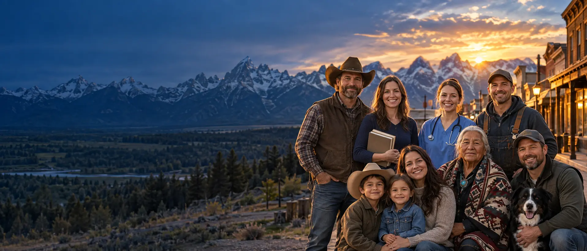Wyoming residents gathered beside a mountain town at sunset