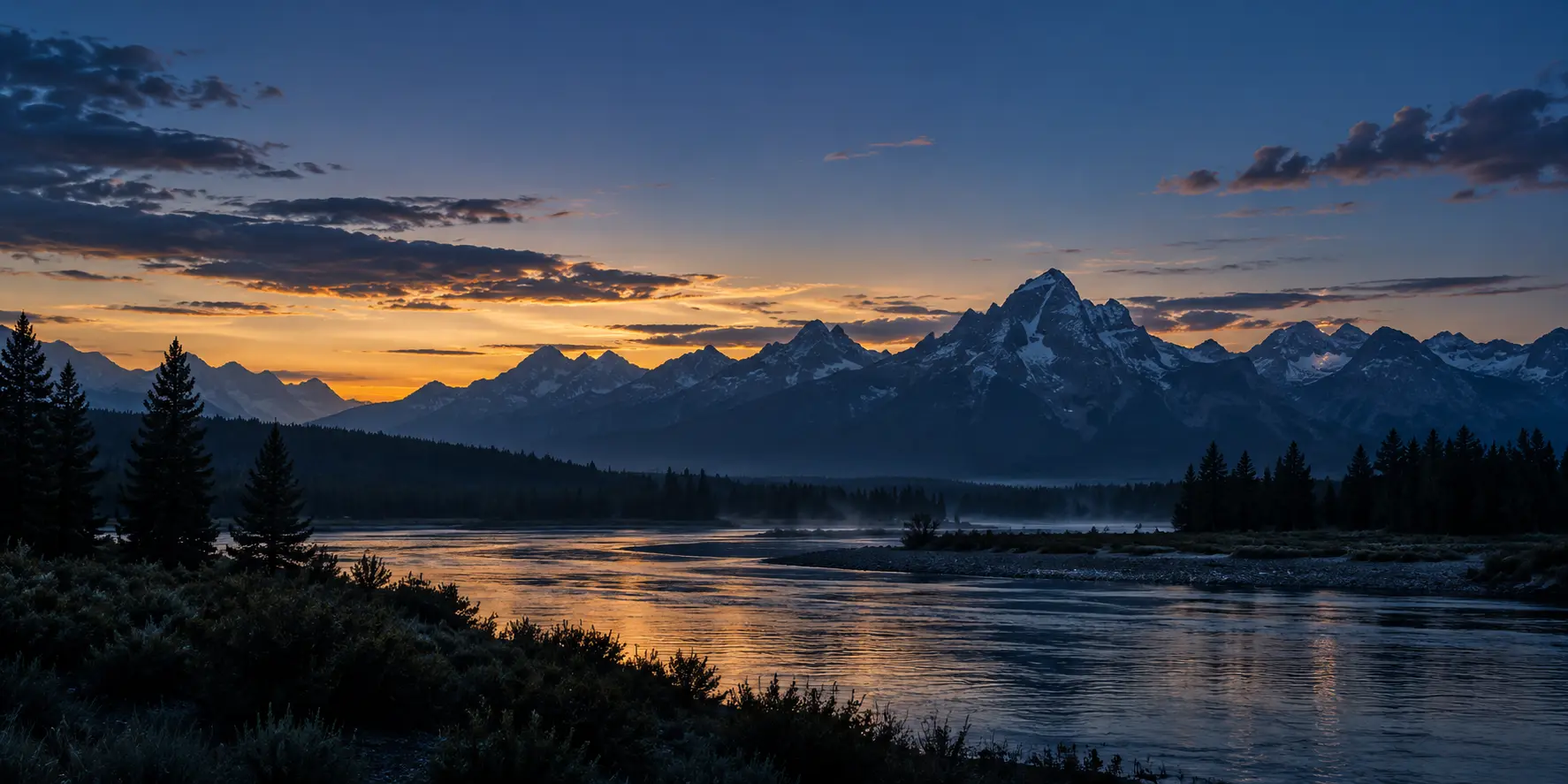 Wyoming mountains and river at blue hour