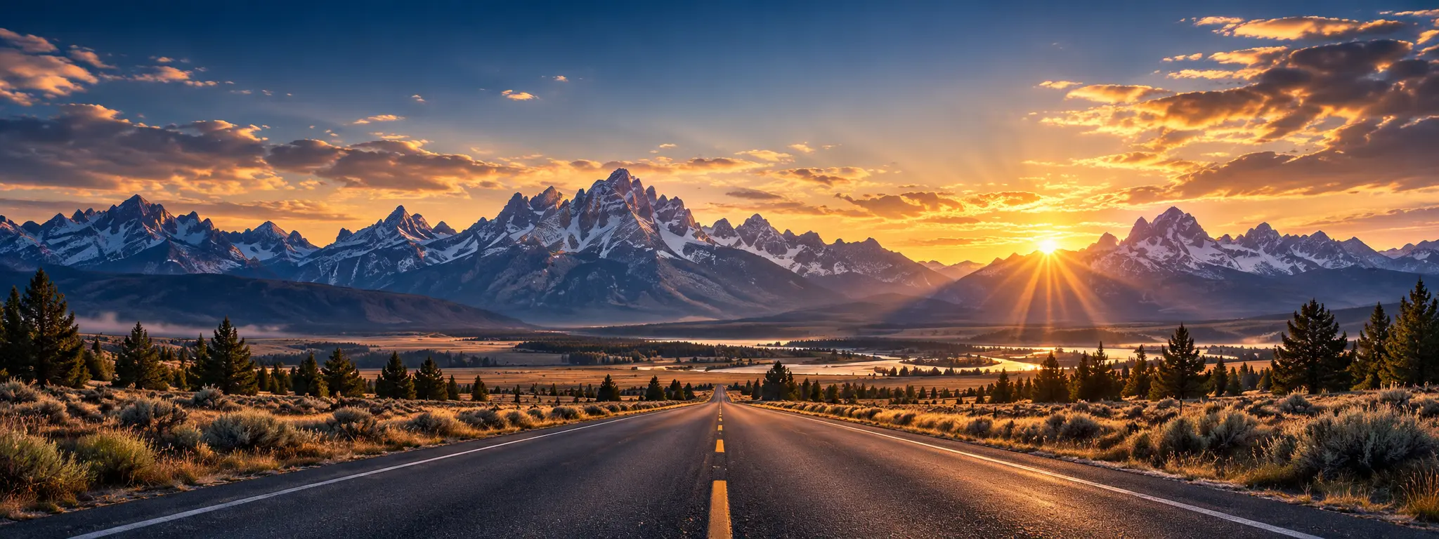 Open Wyoming road toward the mountains at sunset