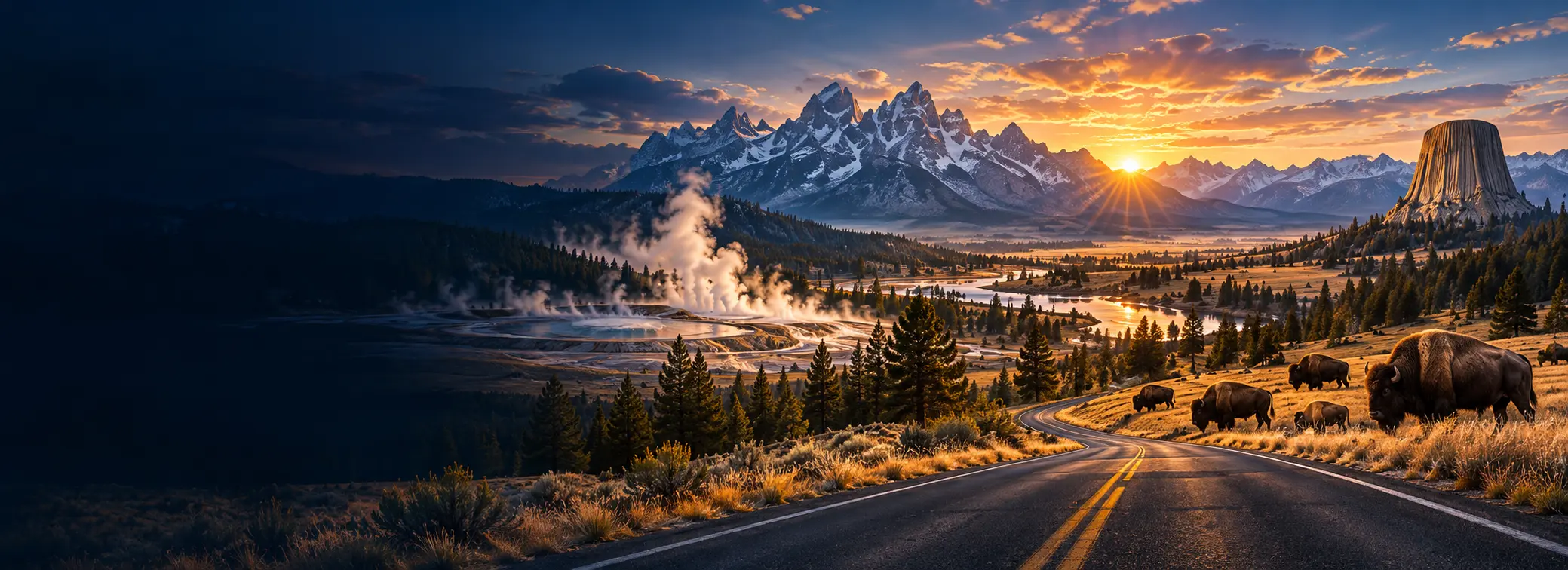Wyoming landmarks and bison beneath the mountains