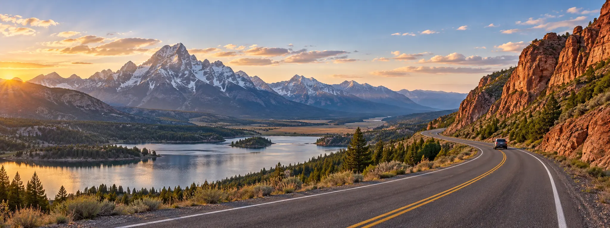Scenic Wyoming road through mountains and red rock