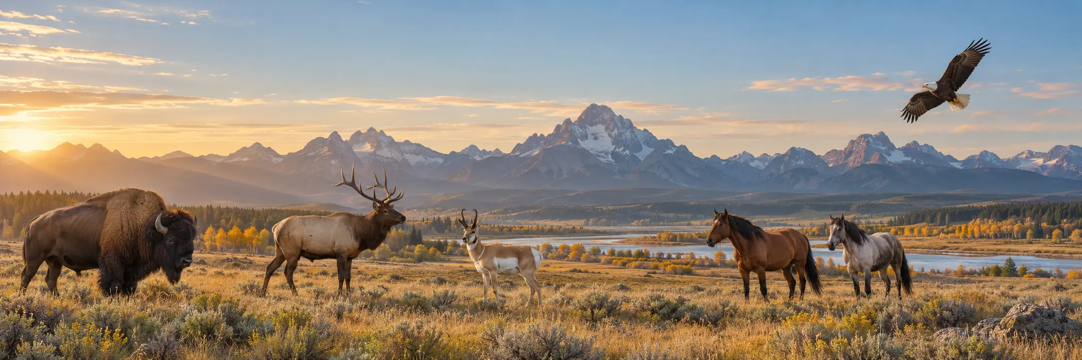 Bison, elk, pronghorn, wild horses and an eagle in Wyoming